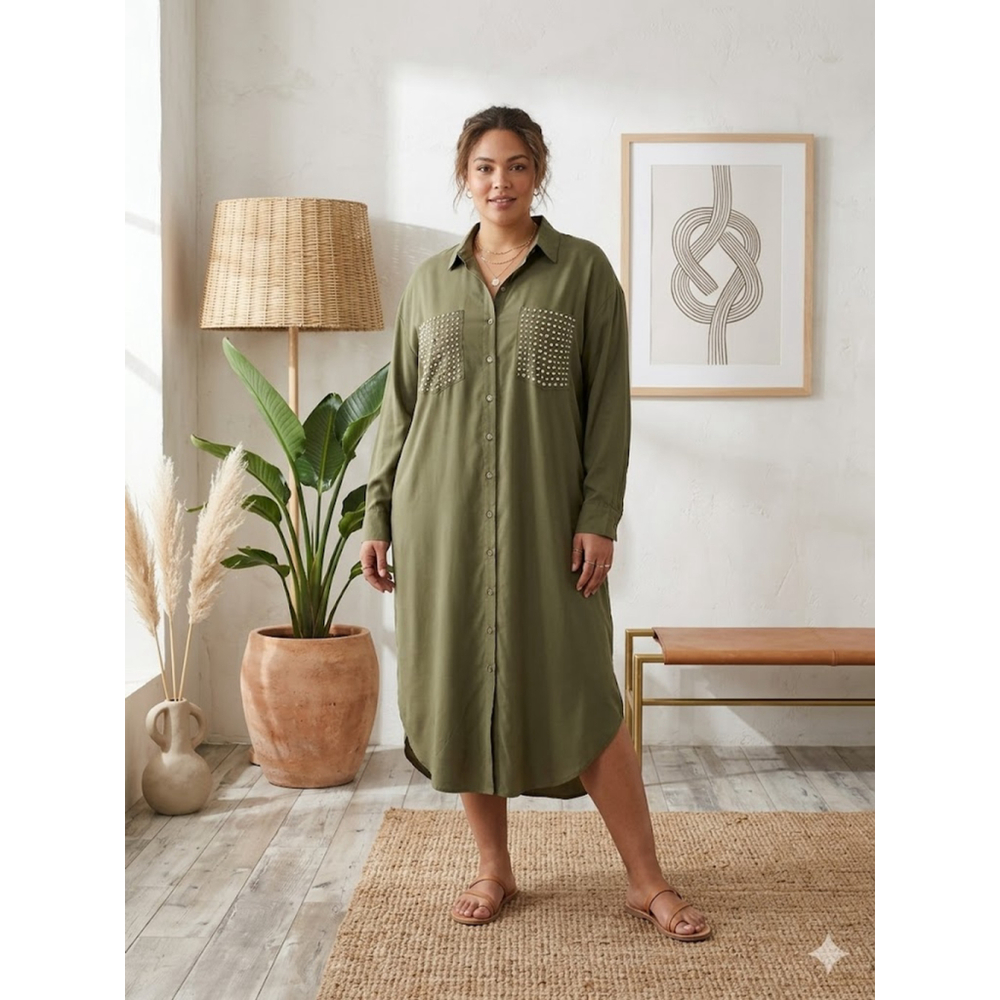 Joy & Ash Olive Green Studded Pocket Maxi Shirt Dress Plus Size